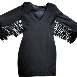 Zara‎ Black Sexy Deep V-Neck Cocktail Party Mini Dress with Westen Fringe Trim M